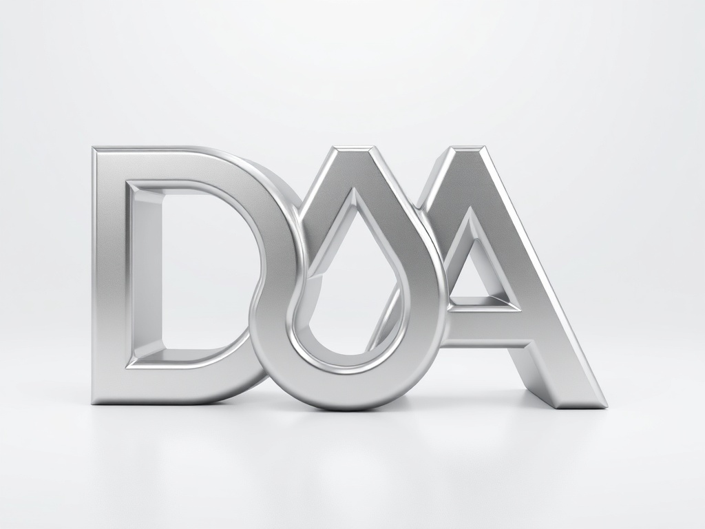 A clean, metallic 3D rendering of the letters 'DA' interlocked in a modern sans-serif font, silver and white surfaces with subtle reflections, studio lighting, photorealistic 8k.